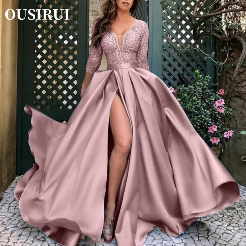OUSIRUI Princess Sleeve with Tail Banquet Evening Birthday Party Wedding Dress Women's Lace Sequin Large Hem Sexy Long Dress
