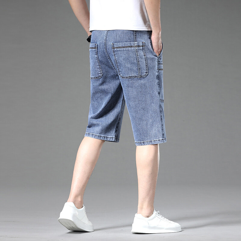Calção jeans fino, multi-bolso, solto, reto, elástico, versátil, jeans curto casual, roupa de marca masculina, verão