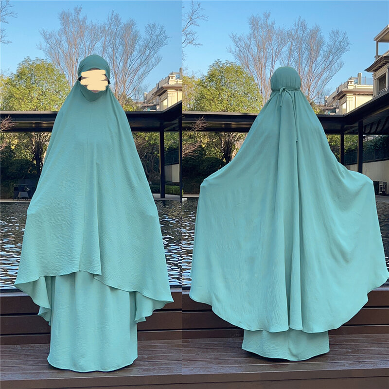 Eid Рамадан с капюшоном над головой хиджаб Абая Khimar комплект из 2 частей Abayas молитвенная одежда мусульманская женская юбка Турция Дубай платье одежда