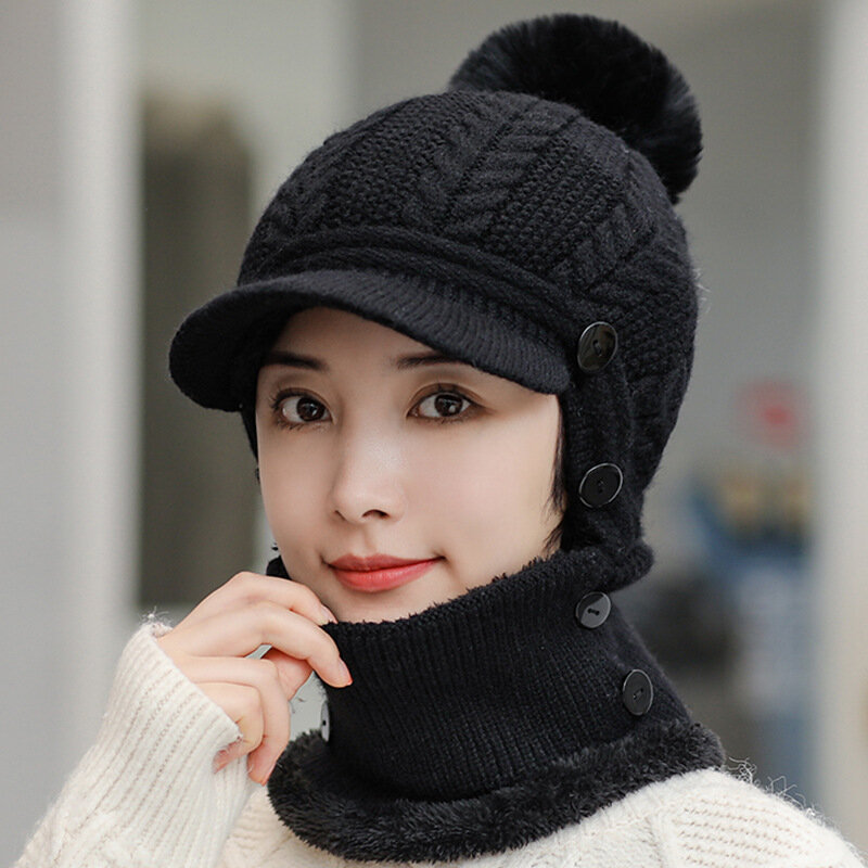 Topi rajut wanita, satu potong topi lidah bebek, Sub wanita Korea pasang hangat satu potong empuk topi wol syal rajut musim dingin