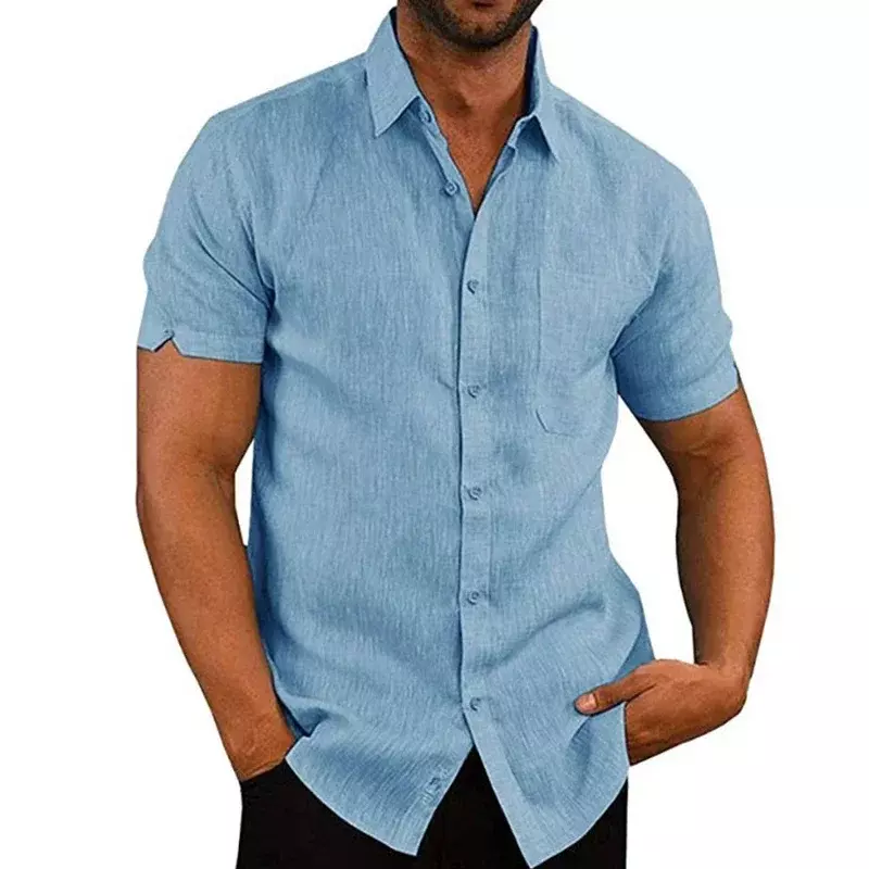 Рубашка мужская с отложным воротником, хлопок и лен, Повседневная Формальная блуза с коротким рукавом, однотонная пляжная одежда, лето