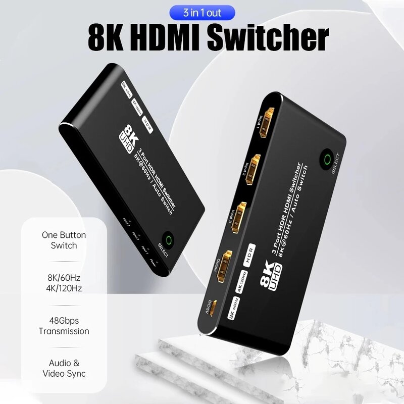 8K 3 منفذ HDMI-متوافق مع التبديل 3x1 التبديل 48Gbps الاتجاه 3 في 1 خارج الترا HD 8K @ 60Hz 4K @ 120Hz محدد صناديق ل PS5 Xbox