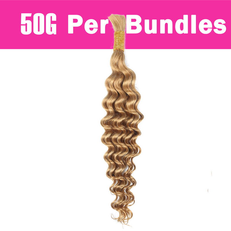 FQ 27# Honey Blonde Mongolian Bulk Curly Human Hair for Braiding Deep Wave Human Hair Bundles No Weft Hair Extensions 50g/Bundle