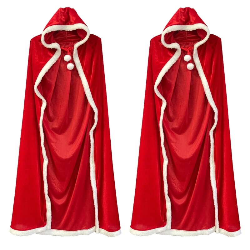 เครื่องแต่งกายปาร์ตี้คริสต์มาสซานตาคลอสกำมะหยี่เคปอบอุ่นเสื้อคลุมยาวคลุมด้วยผ้าสีแดง