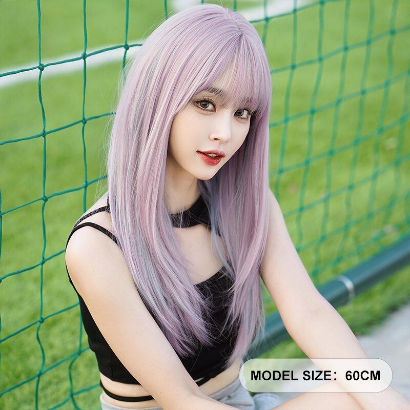 Парики 7JHH в стиле "Лолита", Синтетические длинные искусственные фиолетовые парики на плечах с пушистой челкой, многослойный Лавандовый парик высокой плотности для женщин