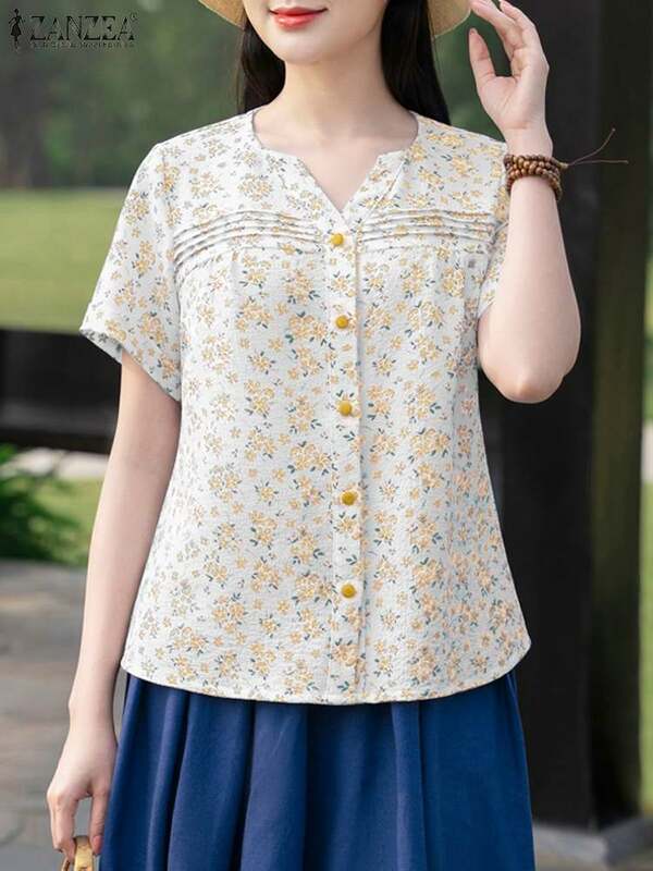 ZANZEA-camisas Vintage con estampado Floral para mujer, Blusas informales de manga corta con cuello en V y botones, 2024