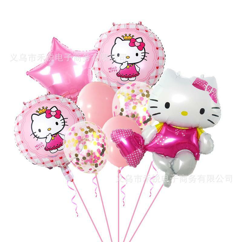 Balão bonito Sanrio Olá Kitty para menina, Balões metálicos, Pacote de aniversário, Layout Presente, Festa Kawaii, Novo, 9pcs
