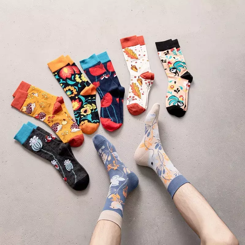 New AB feet flower and bird pattern mid-tube casual socks men's trendy socks plus size socks