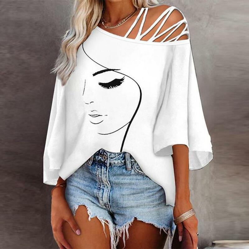 Splicing Blouse Fashionable Women's Spring Summer Tops Strappy Skew Collar Blouse Loose Fit Tee Shirt Side Split Tank Top Soft
