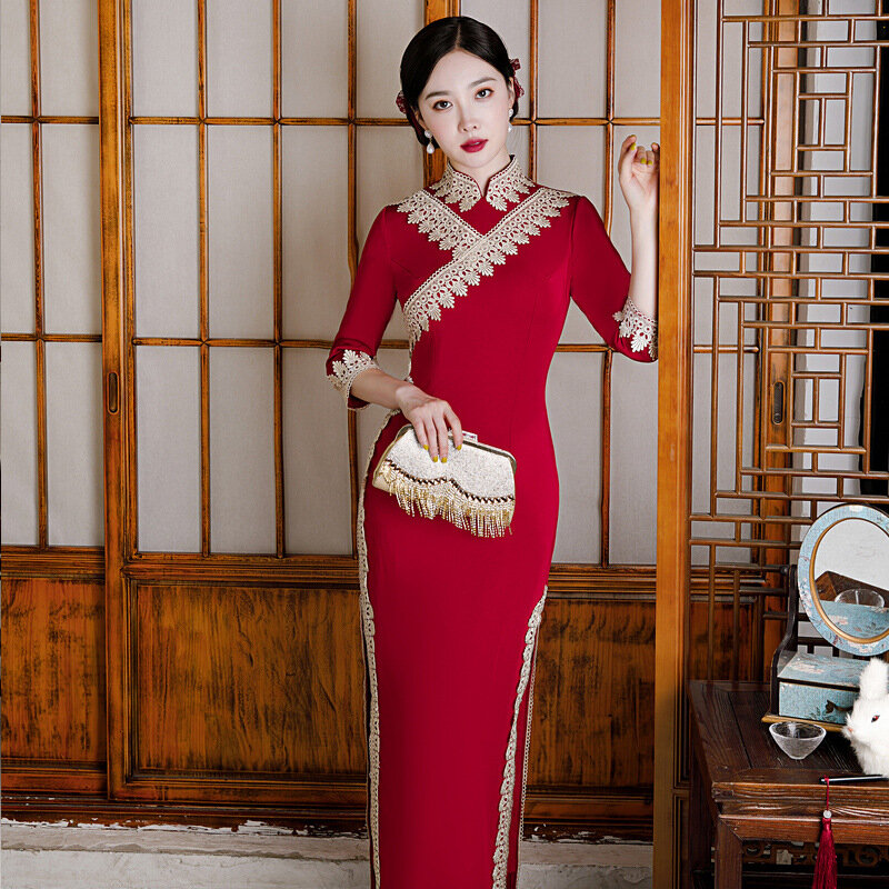 Vestido chinês tradicional de renda qipao para mulheres, plus size, 4xl, cheongsam, colarinho mandarim, elegante, fino, sexy, vintage