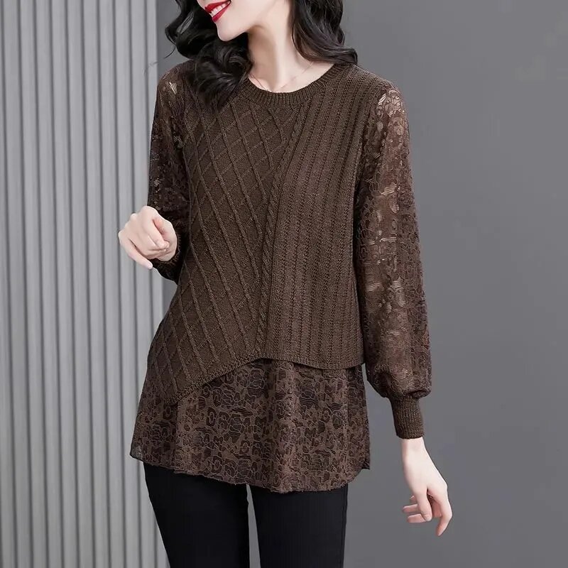 2023 Autumn Middle Aged Mother Round Collar Lace Knitted Tops Fashion Fake Two Pieces Pullovers Sweater Women Patchwork Shirts