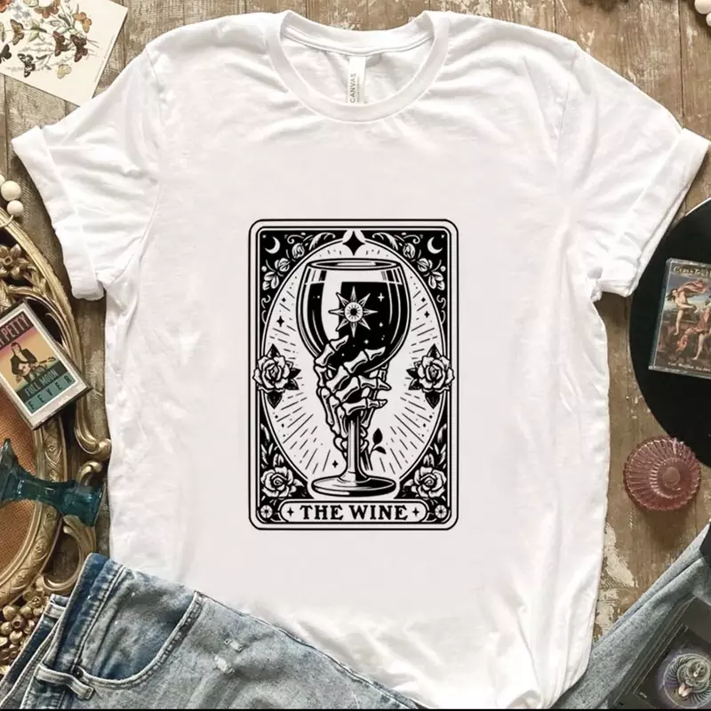 T-Shirt à manches courtes et col rond pour femme, haut rétro, style décontracté, imprimé dessin animé, The Wine Tarot, interconnexion