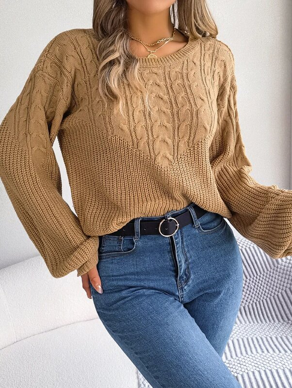 Casual Twist Patchwork Lantern Sleeve Solid Color Crew Neck Pullover Winter Women's High Quality Stylish Warm Sweater Clothing