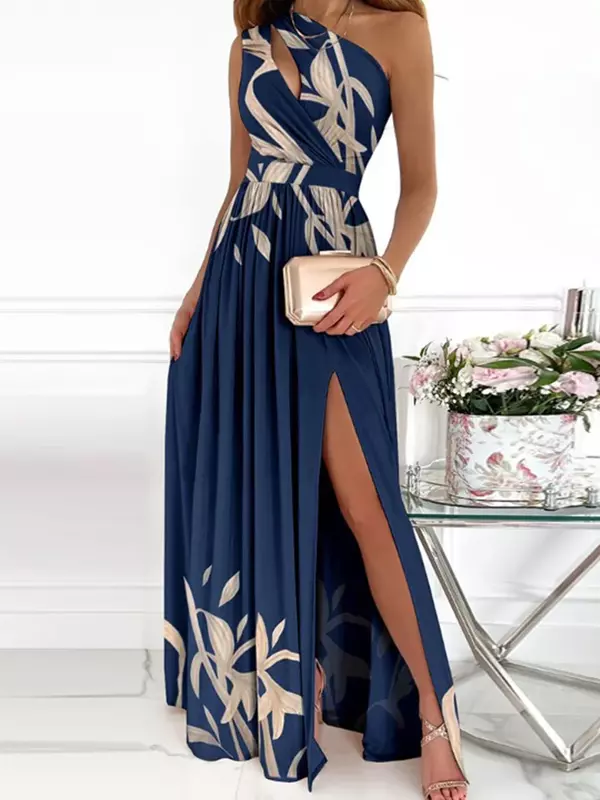 Elegant One-shoulder Summer Sexy Long Skirt Floral Commuter Gradient High Slit Hollow Out Party Evening Causal Mixi Dress