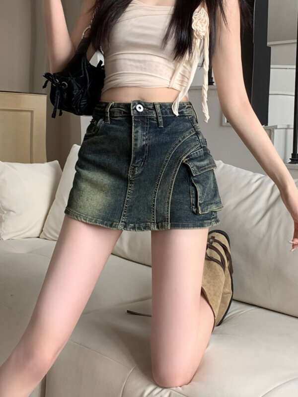DEAT moda damska jeansowa spódniczka wysoka talia w nieregularna patchworkowa kieszeniach w stylu A wąskie spódnice lato 2024 nowa 7 ab4022