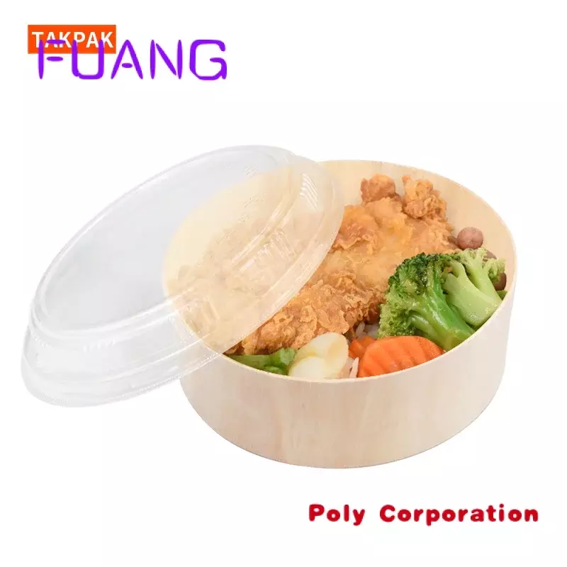 Caja de almuerzo de madera Biodegradable personalizada, Bento, Catering, embalaje para llevar, contenedor de alimentos, caja de ensalada redonda desechable, tazón con tapa