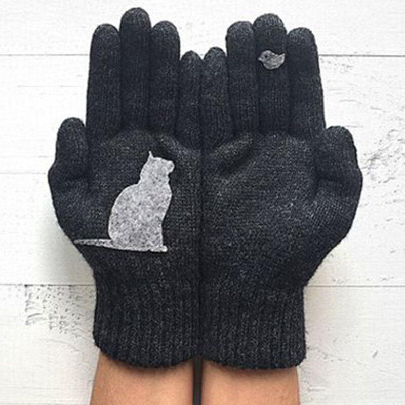Sarung tangan rajut termal Pria Wanita, sarung tangan hangat cetakan kucing dan burung musim dingin anti angin