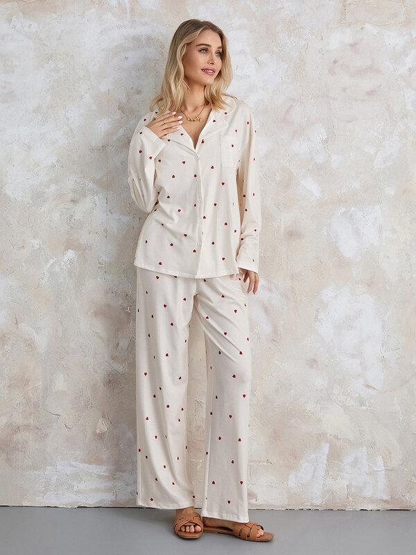 여성용 과일 인쇄 잠옷 라운지 세트, Y2K 플로랄 2 피스 캐주얼 의상 세트, 긴 소매 단추 다운 셔츠, 와이드 레그 팬츠