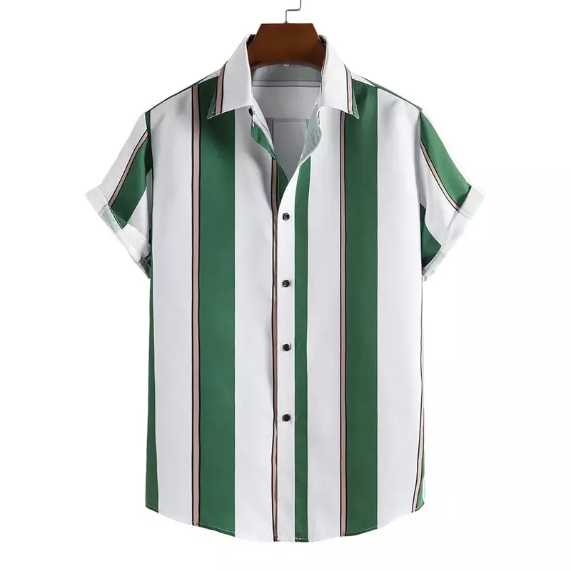 Hawaiian Men's Shirt Harajuku Stripe Print Loose Fashion Casual Short Sleeve Button Aloha Beach Summer Shirts For Men Clothing