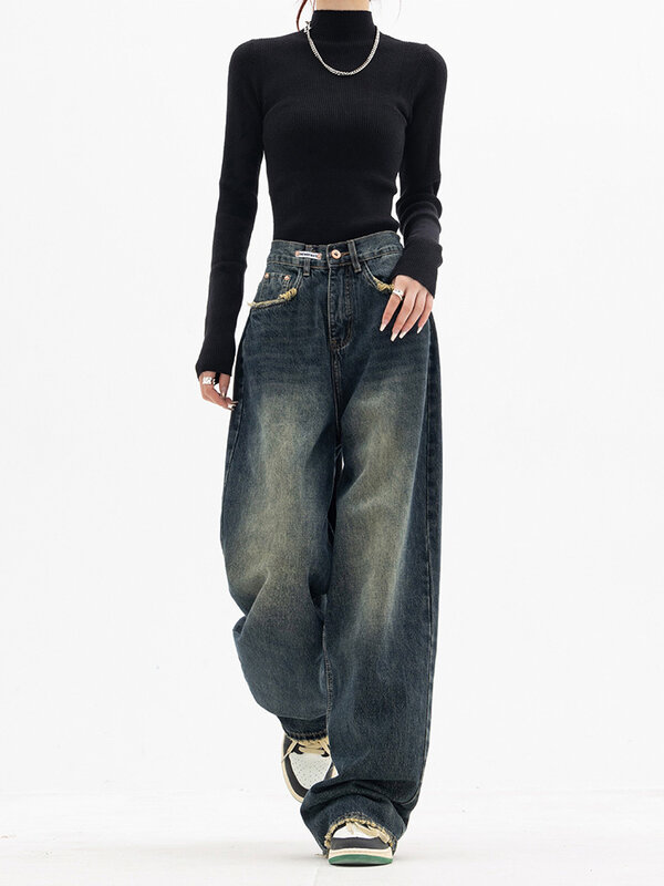 2023 jeansy damskie z wysokim stanem Harajuku w stylu Vintage w stylu BF w stylu Streetwear luźna moda spodnie damskie z szerokimi nogawkami