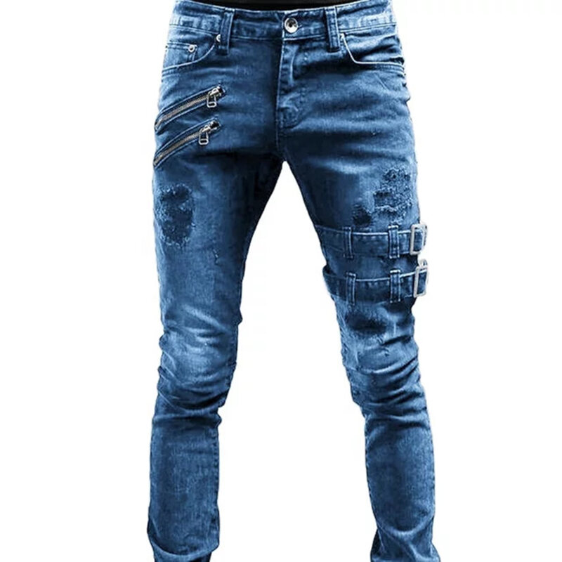 Calças jeans skinny rasgadas masculinas, calças jeans longas, calças de jogging masculinas, calças elásticas destruídas, alças laterais, bolso com zips