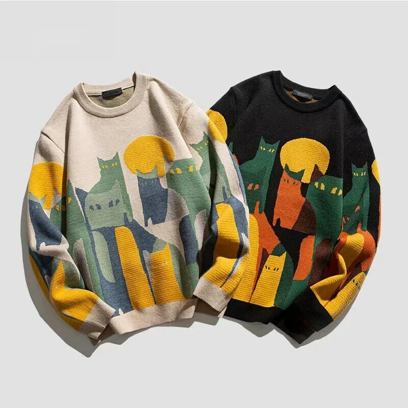 Осень 2023, вязаный свитер для мужчин и женщин, Зимний пуловер в стиле Харадзюку С мультяшным принтом кота, винтажные повседневные свободные свитера, уличная одежда