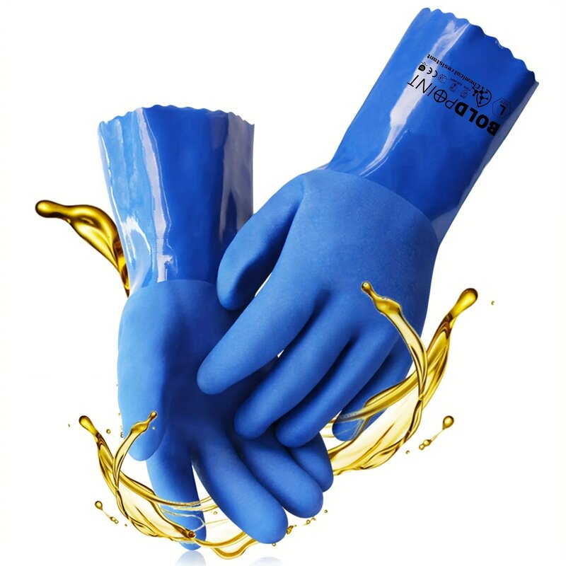 Guantes de PVC azul de 12 ", puño extendido, químico, ácido, resistente al aceite, antideslizante para uso Industrial, agrícola, forestal, 1 par