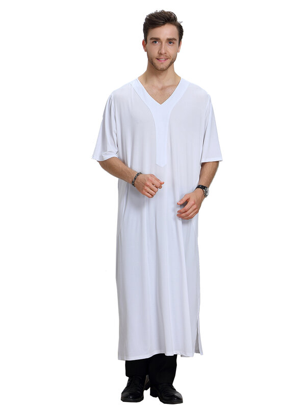 Muslim Men Summer Short Sleeves V-Neck Pure Color Robe Arab Male Adult Ankle Length Thobe Ramadan Eid Clothes