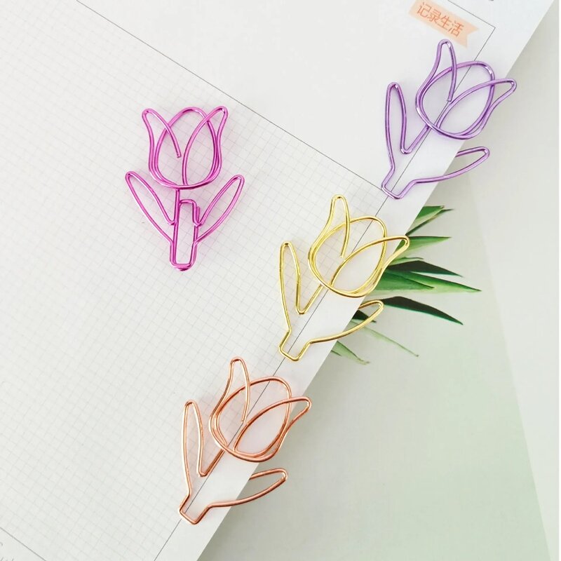 10 sztuk/zestaw kolorowy klips do kolorowy papier w kształcie tulipana materiały biurowe metalowy uchwyt na zakładki spinacze do papieru papeterii