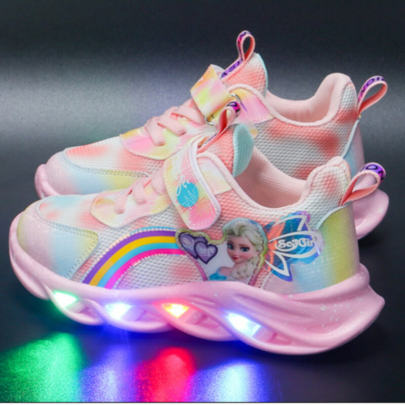 ديزني الفتيات أحذية غير رسمية Led أضواء شبكة تنفس الأطفال رياضية الأميرة إلسا الوردي الأرجواني أحذية رياضية حجم 22-37