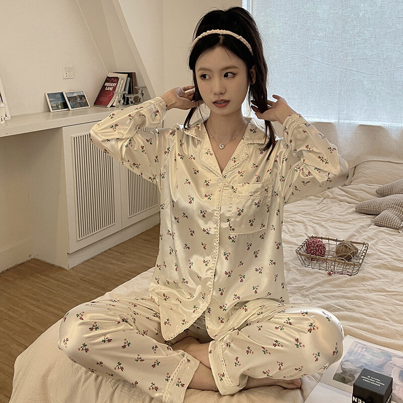 Women's 2 Piece Pajamas Sets Floral Print Pijama Faux Silk Satin Pyjama Female Sleepwear Long Sleeve Lapel Shirt Pants Homewear