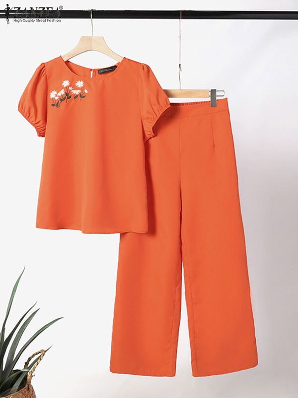 ZANZEA-Conjunto de pantalones de trabajo elegantes para mujer, conjunto de Blusa de manga corta, chándal con bordado Floral, 2 piezas, Verano