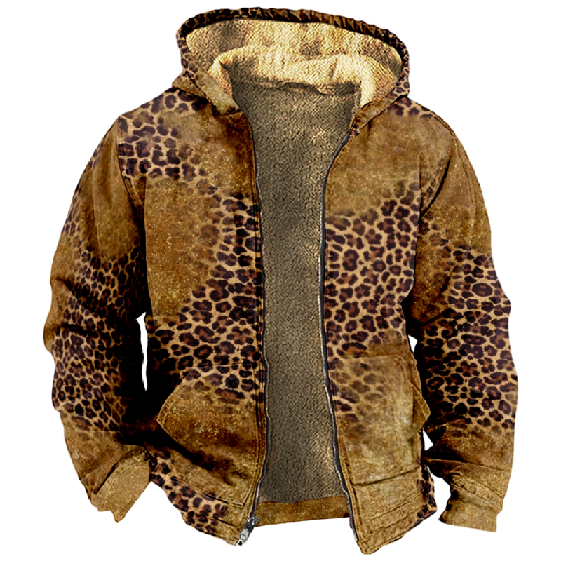 เสื้อมีฮู้ดแขนยาวผูกคอตั้งลายเสือดาวสำหรับผู้ชายเสื้อคลุมฤดูหนาวแฟชั่นสำหรับผู้ชายผู้หญิง