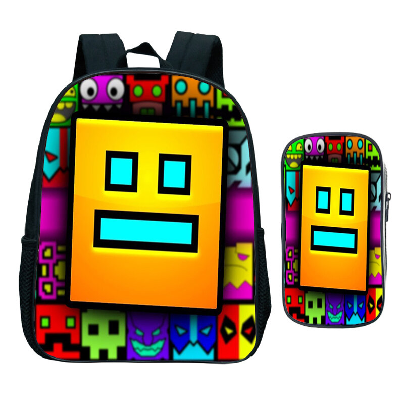 Kids 2pcs Set Backpack Geometry Dash Print School Bags for Preschool Boys Girls Kindergarten Backpack Waterproof Bookbag Gift