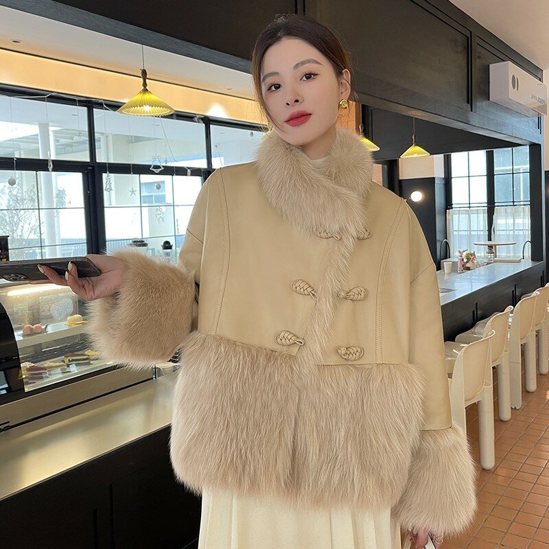 Cappotto di pelliccia collo alto da donna tre bottoni addensato caldo retrò stile cinese cuciture cappotto di pelliccia di montone piumino piuma Liner1Pc