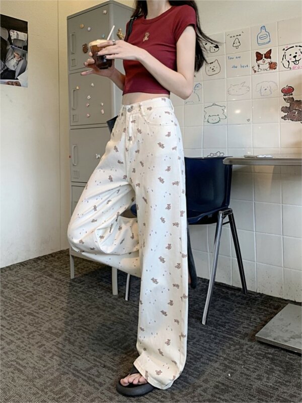 Pantalones vaqueros con estampado de dibujos animados para mujer, pantalón holgado de pierna ancha, cintura alta, estilo coreano, primavera y verano