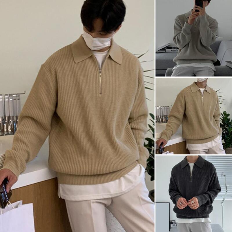 Men Sweater Stylish Men's Zipper Sweater with Lapel Collar Solid Color Knitted Design Soft Warm Fabric for Fall Winter Fashion
