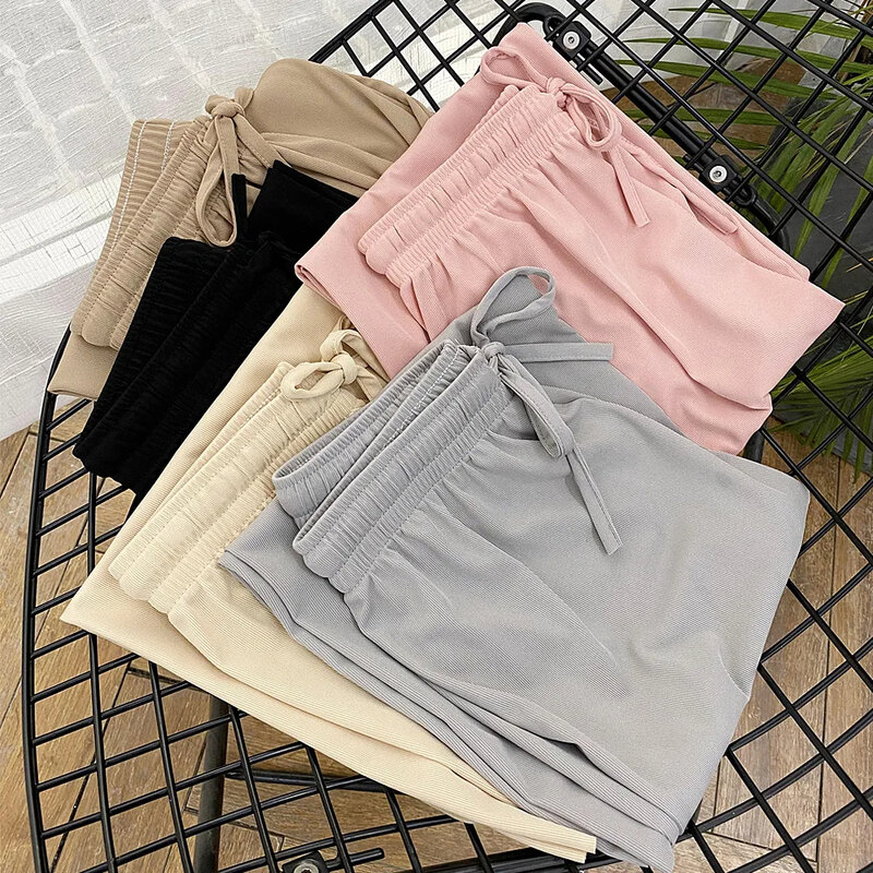 Брюки женские длинные с широкими штанинами, повседневные однотонные свободные шелковые штаны до щиколотки, с эластичным поясом, на весну-лето