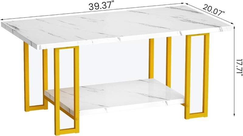 Tavolino da caffè in marmo, tavolino rettangolare con piano in finto marmo con struttura in metallo nero, tavolo da soggiorno a 2 livelli per soggiorno,