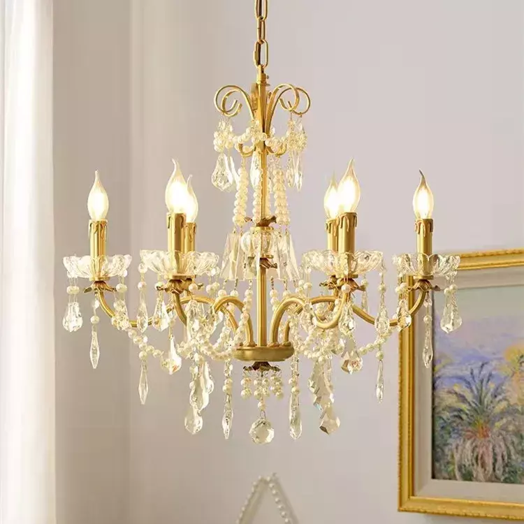 Moderne candele di perle lampadari a soffitto tutto in rame LED Luxury Crystal Light Villa europea soggiorno sala da pranzo camera da letto lampada