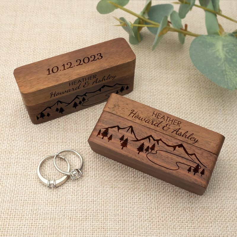 Kotak cincin pernikahan dipersonalisasi pemegang cincin pernikahan kustom kotak Wulnut pedesaan untuk dekorasi pernikahan pertunangan