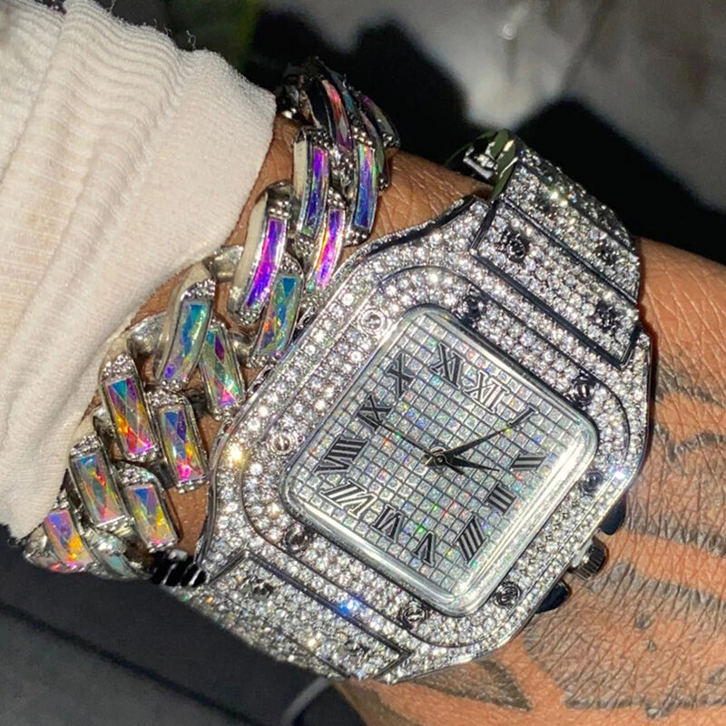 Moda orologi ghiacciati completi per uomo donna quadrato in acciaio inossidabile di lusso con strass al quarzo orologio quadrato regalo Hip-Hop