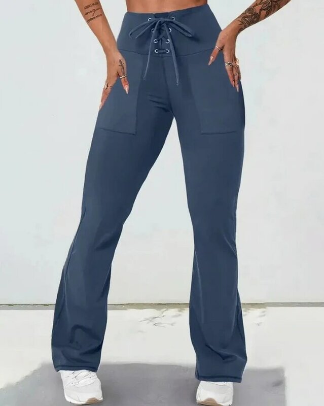 Pantaloni da donna 2024 primavera Fashion Lace-Up Quick Dry vita alta Casual Pocket Design Plain Daily Long Active pantaloni svasati