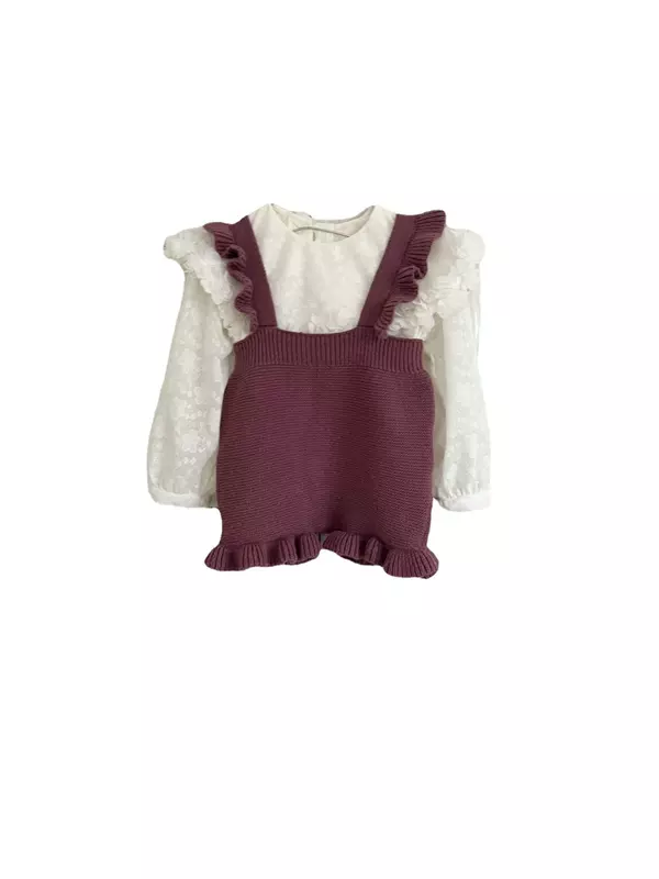 Girls 'Long Sleeves Lace Collar Shirt Set, malha Suspenders Shorts, macacão macacão, roupas para crianças, primavera, novo, 2pcs, 2024