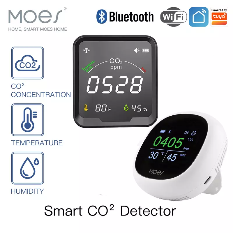 MOES jakość powietrza detektor dwutlenku węgla z budzikiem, Monitor temperatury, Tester wilgotności powietrza, WiFi/BT,Tuya Smart,3 w1, CO2