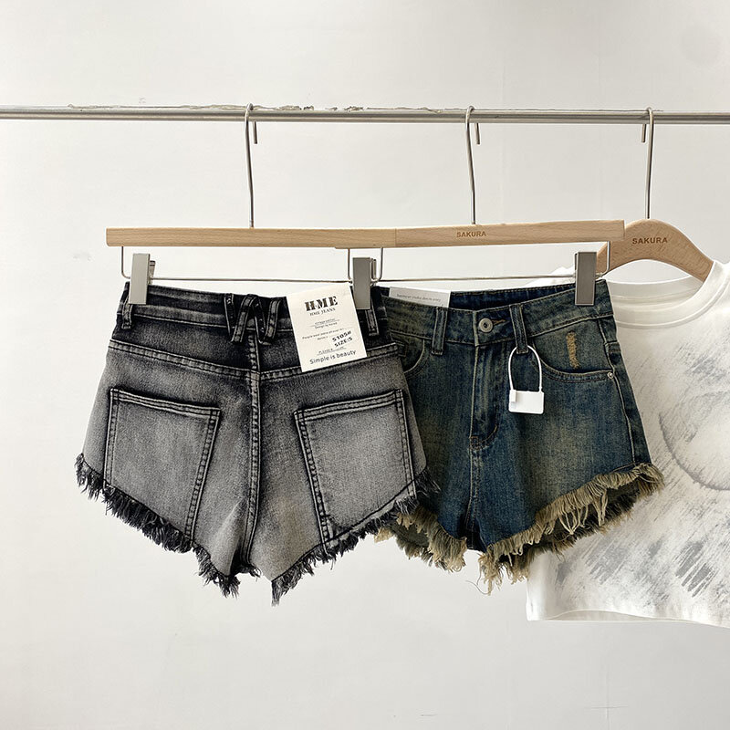 Shorts jeans de cintura baixa para mulheres, perna larga, linha A versátil, bordas irregulares, calças curtas finas, garota legal, novo, verão, 2022