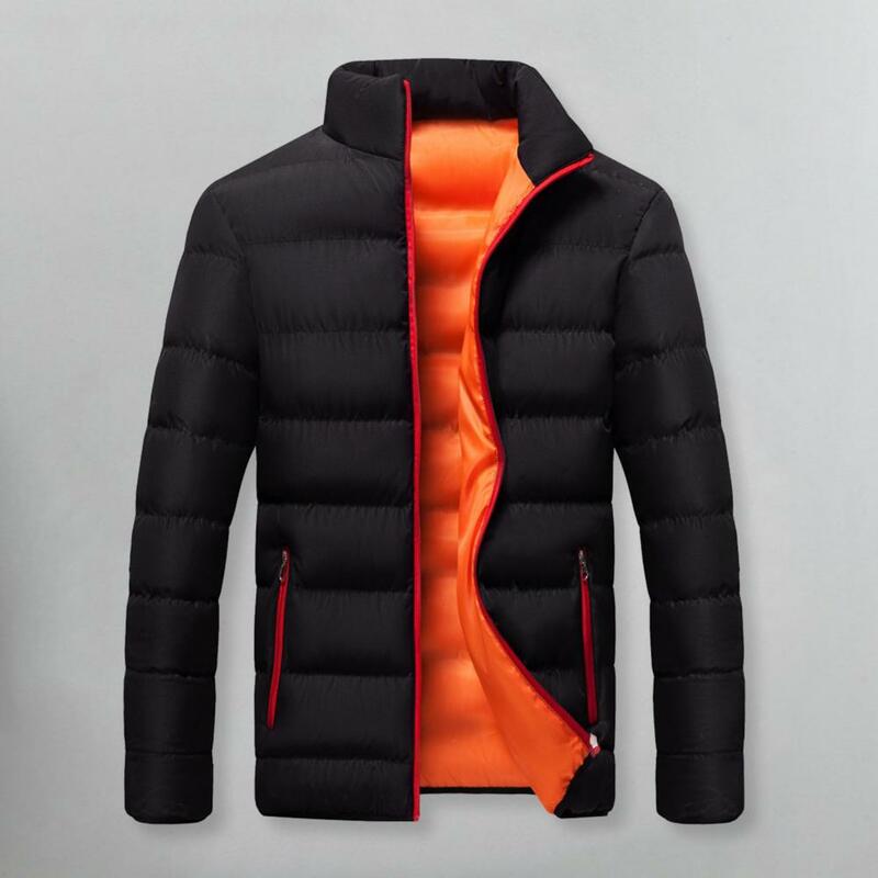Autumn Winter Men Cotton Jacket Contrast Color Long Sleeves Stand Collar Parkas Loose Fit Zipper Pocket Casual Male Outwear