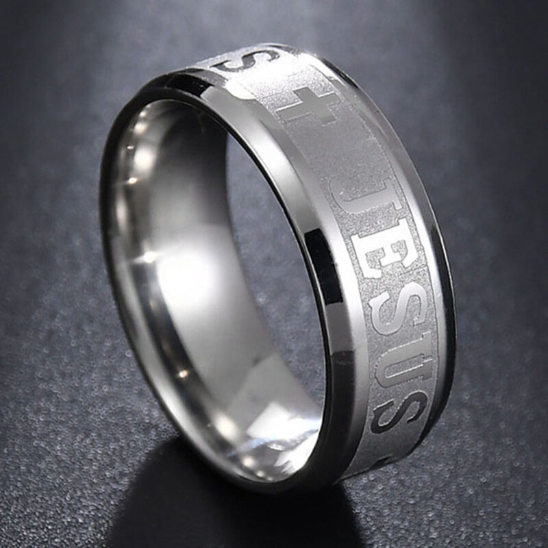 Acciaio inossidabile colore nero gesù croce anello lettera bibbia preghiera anelli per le dita per gli uomini gioielli amuleto 8mm
