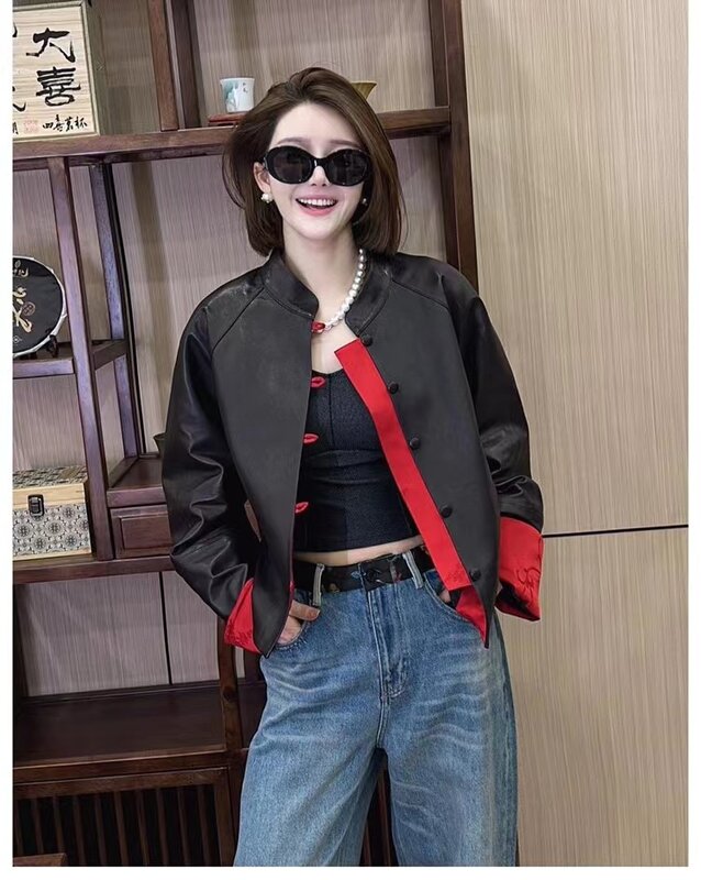 2024 nuova giacca in pelle da donna primavera e autunno cappotto in pelle di pecora da donna nuovo stile corto cinese stile cinese Casual Street Coa