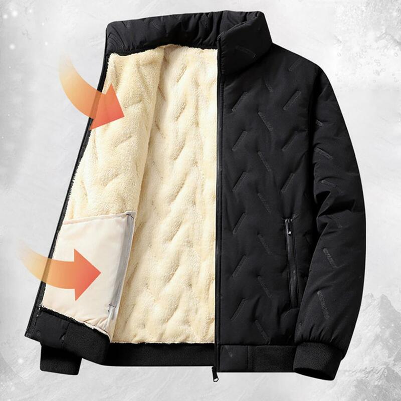 Men Windproof Winter Jacket Windproof Mid Length Men's Jacket with Stand Collar Thick Plush Padding Zipper Closure for Winter
